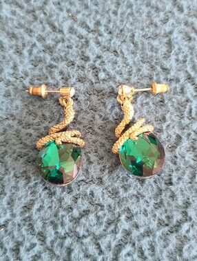 Gold Snake Drop Earrings with Deep Emerald Green Crystal Dangles